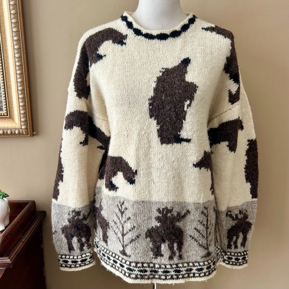 Motif Vintage 90s Wool Intarsia Moose Bear Chunky Knit Intarsia Sweater Size M - Picture 3 of 15